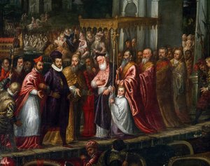 Doge Mocenigo a patriarcha Trevisan vítají Jindřicha III. na Lidu v roce 1574