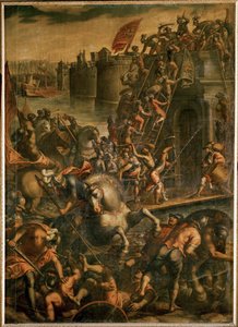 Benátský dóže Enrico Dandolo a jeho křižáci při dobývání města Zara v roce 1202 (olej na plátně) od Andrea (1539-1614) Vicentino