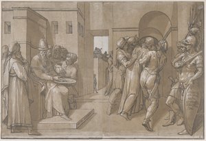 Kristus je odváděn pryč, vojáci stojí na pravé straně listu, 1585. od Andrea Andreani
