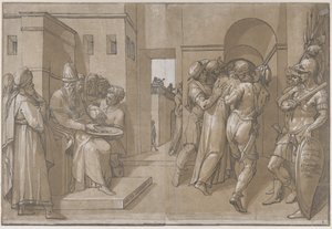Pilát vlevo si myje ruce na levé straně prostěradla, 1585. od Andrea Andreani