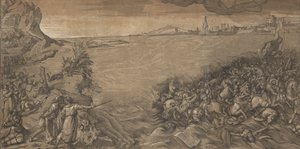 Přechod přes Rudé moře, Mojžíš stojí vlevo a ukazuje na ponořenou armádu..., 1589. od Andrea Andreani