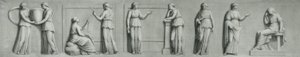 Grisaille panel zobrazující ženské postavy včetně múz