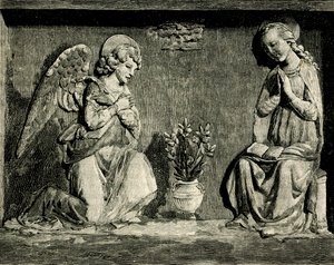 Zvěstování, Andrea Della Robbia (1435-1525 nebo 1528), oratoř Madonna del Buon Consiglio, Prato, Toskánsko, Itálie, dřevoryt z Le cento citta d