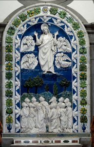 Nanebevstoupení Ježíše do nebe s Pannou Marií a jedenácti Apoly Nízký keramický reliéf od Andrea della Robbia (1435-1525) kolem 1490 Rozm. 475 x 305 cm Santuario della Verna, Itálie