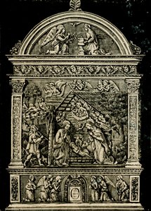 Narození Páně, terakotový oltář od Andrea della Robbia, z kostela Saint Clare, Občanské muzeum Sansepolcro, Toskánsko, Itálie, dřevoryt z Le cento citta d