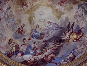 Korunovace Panny Marie, freska namalovaná v roce 1699 Andrea Lanzani (1641-1712) ze sboru Sanctuary Of Incoronata, Lodi. Itálie od Andrea Lanzani