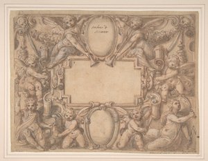 Kartuše a dva štíty obklopené alegorickými figurami., 1570-1631. od Andrea Lilli