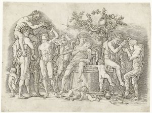 Bacchanal se satyry a bakchanty v lisu od Andrea Mantegna