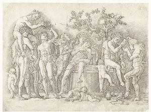 Bacchanal se satyry a bakchanty v lisu od Andrea Mantegna