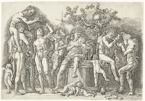 Bacchanal se satyry a bakchanty v lisu od Andrea Mantegna