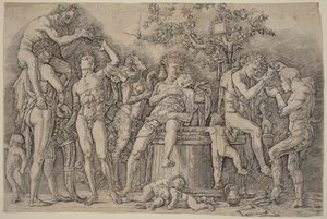 Bakchanálie s kádí na víno od Andrea Mantegna