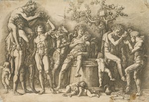 Bacchanal s vinnou kádí, cca 1470-90 (rytina a suchá jehla) od Andrea Mantegna