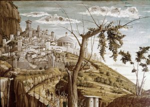 Kristus se modlí v zahradě olivovníků, levá část predelle, oltář San Zeno (tempera na dřevě, cca 1457-1460) od Andrea Mantegna