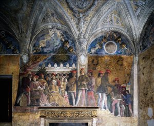 Ludovico Gonzaga, Marsilio Andreasi, Barbara Braniborská s dcerou Paulou a Rodolfo Gonzaga od Andrea Mantegna