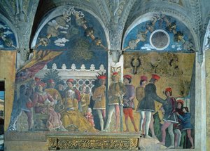 Marchese Ludovico Gonzaga III, jeho manželka Barbara Braniborská, jejich děti, dvořané a jejich pes Rubino, z Camera degli Sposi neboli Camera Picta, 1465-74 od Andrea Mantegna