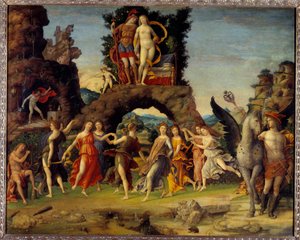 Mars a Venuše nebo Parnas. Obraz zobrazující Mars a Venuši na skále, Pegase a Merkur, Apollo a devět múz Calliope (epická poezie), Clio (historie), Erato (lyrické umění), Euterpe (hudba), Melpomene (tragédie), Polymnie (rétorika), Terpsichore od Andrea Mantegna