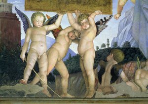 Putti s motýlími křídly nesoucími zasvěcovací plaketu, z Camera degli Sposi nebo Camera Picta, 1465-74 detail fresky z 78449