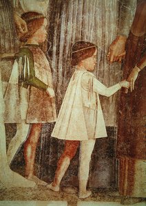 Příjezd kardinála Francesca Gonzagy, vítaného svým otcem markýzem Ludovicem Gonzagou III. a jeho bratry, detail dětí Gonzagových, asi 1465-74 (detail 78454) od Andrea Mantegna