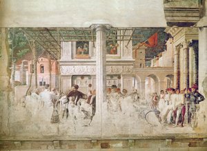 Umučení svatého Kryštofa a pohyb jeho těla (před restaurováním), kolem 1450-56 od Andrea Mantegna