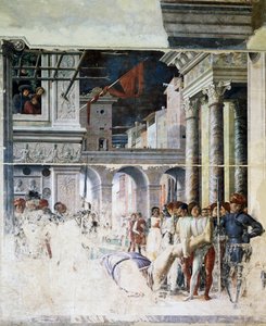 Převoz sťatého těla svatého Kryštofa, detail z Mučednictví svatého Kryštofa od Andrea Mantegna