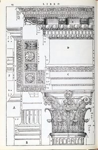 Dekorativní detaily z Trajanova chrámu, ilustrace z faksimilní kopie „I Quattro Libri dell