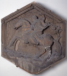 The Art of Hunting, šestihranná dekorativní reliéfní dlaždice ze série zobrazující praktiky umění a věd, možná podle návrhů Giotta (asi 1266-1337) asi 1334-48 (mramor)