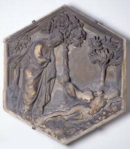 Stvoření Evy, šestihranná dekorativní reliéfní dlaždice ze série ilustrující epizody z Genesis, možná podle návrhů Giotta (asi 1266-1337) asi 1334-48 (mramor)