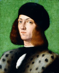 Portrét mladého gentlemana, po prsa, v černé čepici a černém kabátě, 1506