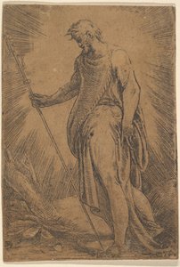 Apoštol drží hůl obrácenou doleva, ca. 1540-60.