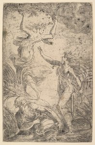 Apollo napravo drží luk pronásledující Daphne nalevo, ca. 1538-40. od Andrea Schiavone