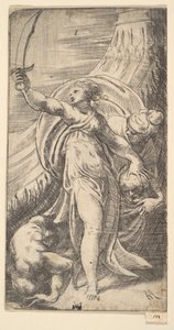 Judith zvedla svůj meč v pravé ruce a položila hlavu Holoferna do sa..., ca. 1542-45. od Andrea Schiavone