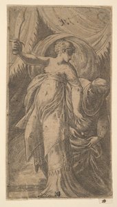 Judith se zdviženým mečem v pravé ruce a položením hlavy Holoferna i..., ca. 1540-45.