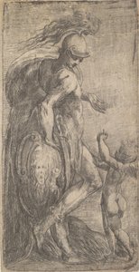 Mars stojící vlevo opřený o štít, Amor vpravo, ca. 1542-46. od Andrea Schiavone