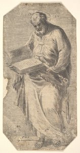 Svatý Petr drží velkou otevřenou knihu s klíči po boku, z knihy „Kristus a apoštol..., ca. 1548-50.