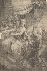 Svatá rodina, anděl držící květiny přicházející zprava, ca. 1550-53. od Andrea Schiavone