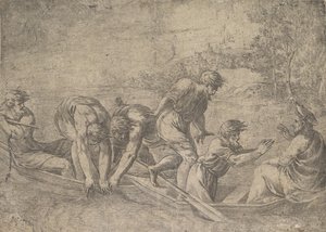 Zázračný tah ryb, Kristus po pravici doprovázený apoštoly v..., cca 1548-52. od Andrea Schiavone