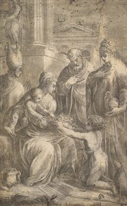 Různí svatí, kteří jsou svědky Jana Křtitele, holdují Jezulátku. od Andrea Schiavone