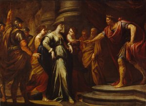 Ester (Hadassah bat Avilail) před Assuerem (ztotožněn s Xerxem I., perským králem, 519-465 př. n. l.) (Ester před Ahasverem). Esther je vybrána za manželku perským králem ze všech nápadníků. Obraz Andrea Vacaro (1604-1670), olej