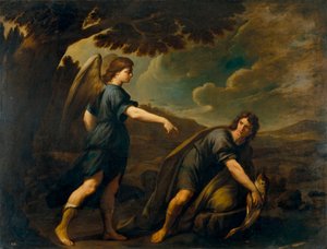 Anděl a Tobiáš s rybou - obraz Andrea Vaccaro (1604-1670), olej na plátně (199,5x262 cm), cca 1640, italské umění
