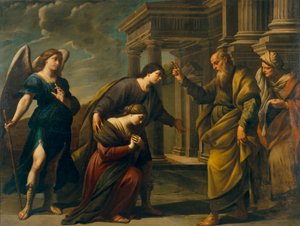 Raguel žehná své dceři Sarah před odjezdem do Ecbatane s Tobiasem (Raguelovo požehnání její dcery Sarah před odchodem z Ecbatany s Tobiasem) - obraz Andrea Vaccaro (1604-1670), olej na plátně (200,3x262 cm), kolem italštiny 1617th století,