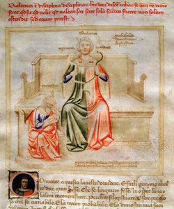 Alegorie dialektiky v "" Chansonne des sept Vertus et des sept Arts liberales určené Bruziu Viscontimu "(Píseň ctností a věd) od Bartolomea di Bartoli. Akvarel od Andrea di Bartoli (aktivní mezi 1358 a 1368) (ms. 599, fo
