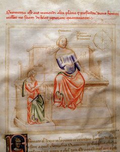 Alegorie geometrií v "" Chansonne des sept Vertus et des sept Arts liberales určené Bruziu Viscontimu "(Píseň ctností a věd) od Bartolomea di Bartoli. Akvarel od Andrea di Bartoli (aktivní mezi 1358 a 1368) (ms. 599, fo