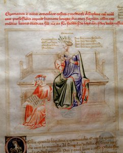 Alegorie Grammaire v "" Chansonne des sept Vertus et des sept Arts liberales určené Bruziu Viscontimu "(Píseň ctností a věd) od Bartolomea di Bartoli. Akvarel od Andrea di Bartoli (aktivní mezi 1358 a 1368) (ms. 599, fo