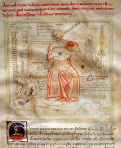 Allegorie de la Musique v “” Chansonne des sept Vertus et des sept Arts liberales destinee à Bruzio Visconti” (La Canzone delle Virtu e delle Scienze) od Bartolomea di Bartoli. Akvarel od Andrea di Bartoli (činný v letech 1358 až 1368) (ms. 599, fol.