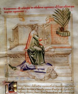 Alegorie střídmosti v "" Chansonne des sept virtues et des sept arts liberoux destinee a Bruzio Visconti "(Píseň ctností a věd) od Bartolomea di Bartoli. Akvarel od Andrea di Bartoli (aktivní mezi 1358 a 1368) (ms. 599, f