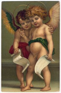 Dva andělé. Zbožný obraz podle malíře ANDREA DEL SARTO (1486-1530), Drážďany, kolem 1910 (chromolitograf) od Andrea del (after) Sarto