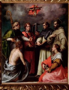 Disputace Nejsvětější Trojice se sv. Petrem, sv. Vavřincem, sv. Augustinem z Hrocha, sv. Františkem, sv. Šebestiánem, sv. Máří Magdalenou (Obraz, kolem 1517) od Andrea del Sarto