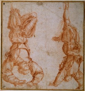 Dvě studie muže zavěšeného za levou nohu (červená křída na krémovém papíře) od Andrea del Sarto