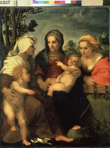 ""Panna a dítě se svatou Kateřinou, svatou Alžbětou a svatým Janem Křtitelem"" (Panna a dítě se svatými Kateřinou, Alžbětou a Janem Křtitelem) Obraz Andrea d