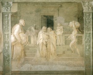Návštěva Panny u Alžběty, detail z Příběhů Panny od Andrea del Sarto (1486-1530), monochromní freska, klášter Scalzo, Florencie od Andrea del Sarto